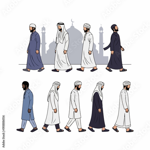 Side view illustration of a diverse community of Muslim men walking, wearing traditional Islamic garments like thobes and kufis, against a mosque background.