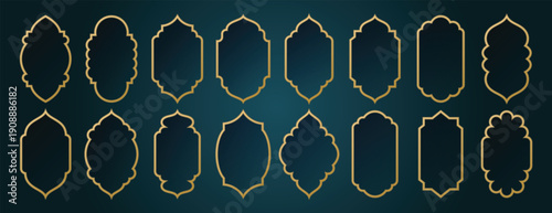 Islamic window frame set with golden luxury borders on teal background