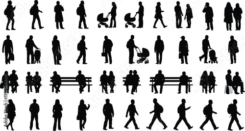 Collection of black silhouette people in different walking, sitting, standing, and social activities, including parents with strollers, commuters, couples, and urban lifestyle scenes