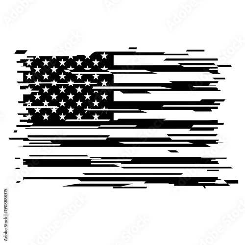 Distressed American Flag Glitch Effect Black and White Graphic