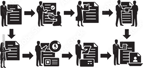 Business workflow process with teamwork and communication icons shown