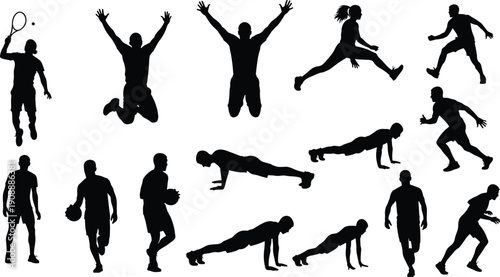 Collection of athlete silhouettes showing jumping, running, push ups, tennis, basketball, and fitness exercises, black vector illustration set for sports training, active lifestyle, workout