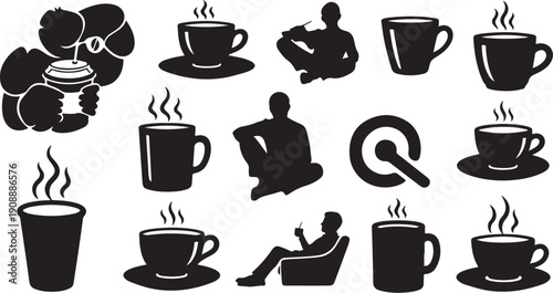 Black Silhouettes of Coffee Cups and Human Figures Relaxing