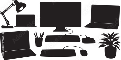 Office workspace with computer and desk accessories silhouette illustration