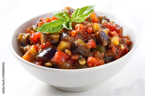 Wallpaper Mural Fresh Sicilian Caponata with Vegetables and Sweet Sauce in Glossy Bowl Isolated on White Background Torontodigital.ca