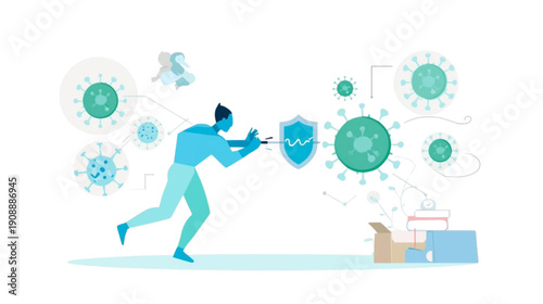 Dynamic illustration of an individual actively combating viral threats and disease spread, emphasizing protection and defense with a strong security shield and digital safeguards