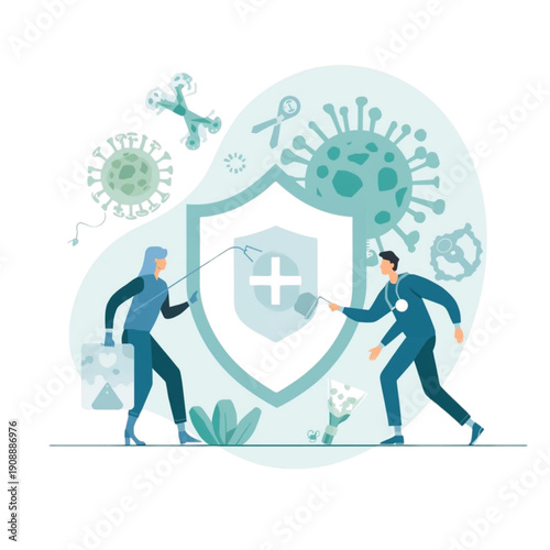 Illustration of medical professionals protecting society from viruses and bacteria with a shield, promoting health and safety