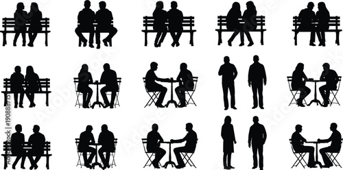 Collection of romantic couple and people silhouettes sitting on park benches and cafe tables, talking and relaxing together isolated on white background for lifestyle, relationship, 