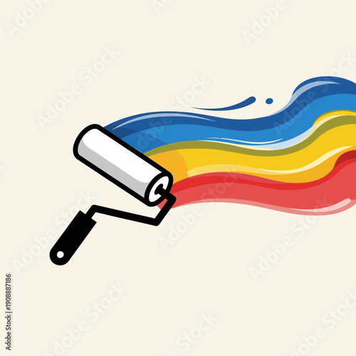 Abstract Paint Roller Creates Colorful Art Design on Canvas