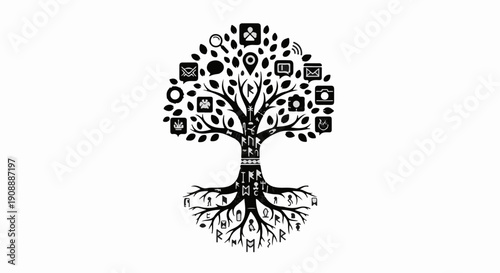 Digital tree of life connecting global communication and technology icons.