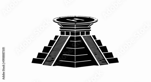 Ancient pyramid structure with detailed architectural elements against a stark white background