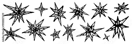 Set of jagged irregular stars shape with gothic spike and thorn lines. Grunge elements for design. Vector isolated illustration