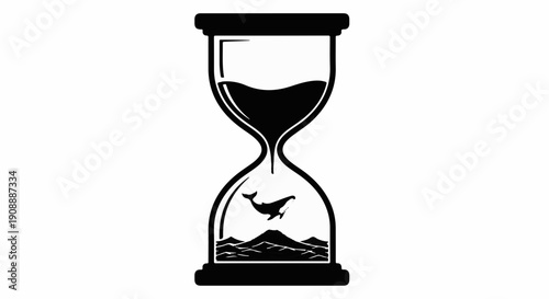 Whale swimming through a miniature landscape inside an hourglass, symbolizing time and environment.