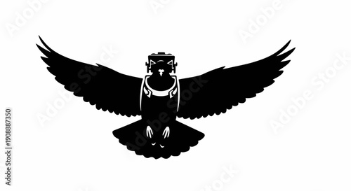 Sleek black owl silhouette with robotic goggles in flight, symbolizing technology and nature.