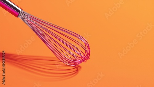 Close-up of a vibrant pink whisk resting on a bright orange surface, creating an artistic shadow effect