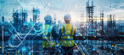 Two engineers observe a city construction site with digital data overlay, smart future vision