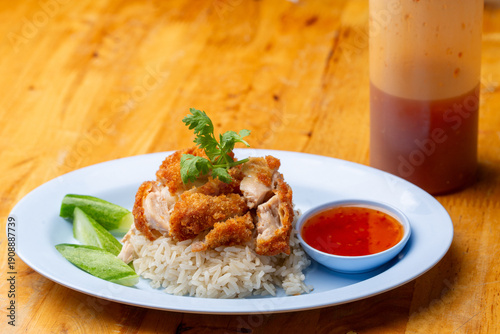 Thai Hainanese Chicken Rice with Crispy Chicken and Dipping Sauce