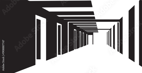 Monochromatic illustration of a long corridor with many doors