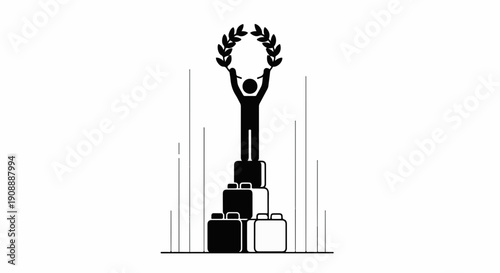 Triumphant figure celebrates victory atop stacked achievements, holding a laurel wreath in a stylized, minimalist design.