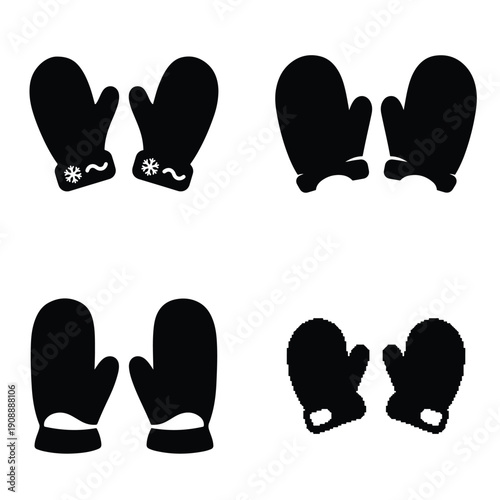 Black and white vector silhouette icon set of winter mittens and knitted gloves.