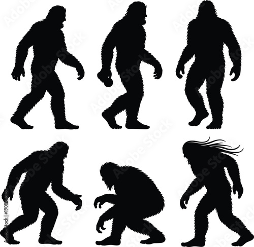 Bigfoot silhouette pose bundle, Sasquatch vector illustration collection with walking and crouching positions, mythical forest creature black shadow set isolated on white background