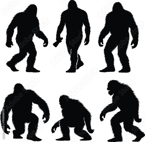 Bigfoot silhouette collection set, Sasquatch vector illustration bundle featuring walking and crouching poses, mythical forest creature black shadow isolated design