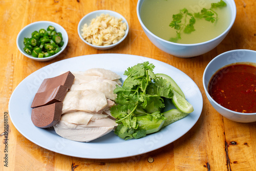 Thai Hainanese Chicken Rice with Crispy Chicken and Dipping Sauce