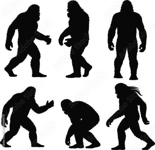 Bigfoot silhouette pose collection, Sasquatch vector illustration set featuring walking, standing and crouching positions, mythical forest creature black shadow bundle isolated design