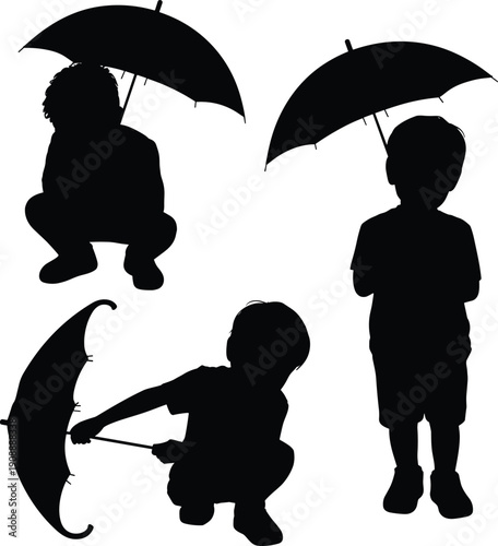 Children with umbrella silhouettes vector illustration, kids standing and crouching in rainy weather, black isolated figures protection concept on white background
