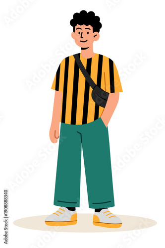 Casual Young Man in Striped Shirt with Crossbody Bag. Flat Vector Illustration