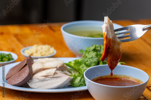 Thai Hainanese Chicken Rice with Crispy Chicken and Dipping Sauce