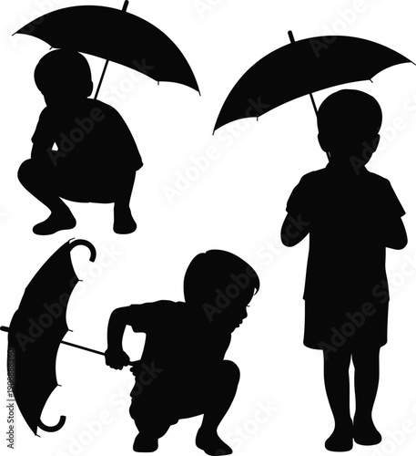 Children with umbrellas silhouette vector illustration, kids standing and crouching in rainy weather, black isolated figures protection concept on white background