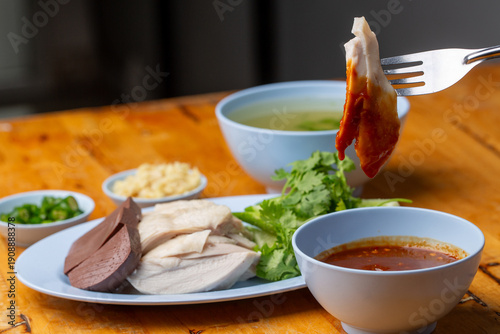 Thai Hainanese Chicken Rice with Crispy Chicken and Dipping Sauce