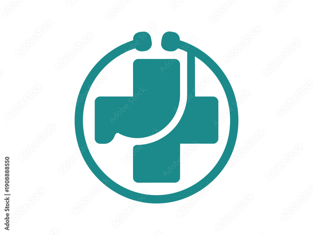 Obraz premium A teal-colored cross and stethoscope form a medical symbol within a circle.