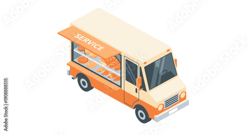Isometric Food Truck Illustration Serving Delicious Street Food.