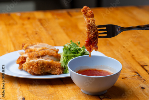 Thai Hainanese Chicken Rice with Crispy Chicken and Dipping Sauce