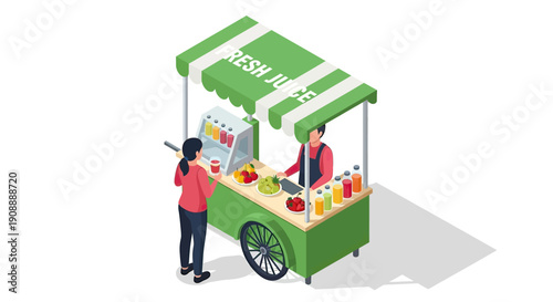 Isometric Fresh Juice Cart with Vendor and Customer.
