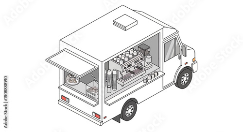 Isometric line art illustration of a modern coffee food truck with open serving window.