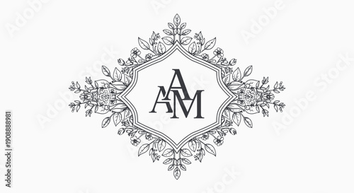 Elegant floral monogram logo with luxurious decorative frame