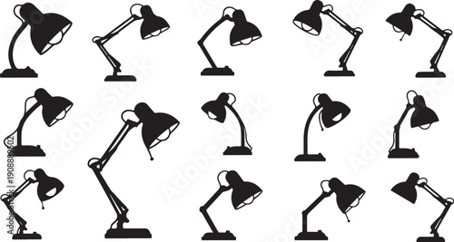 Black desk lamps in various positions on white background