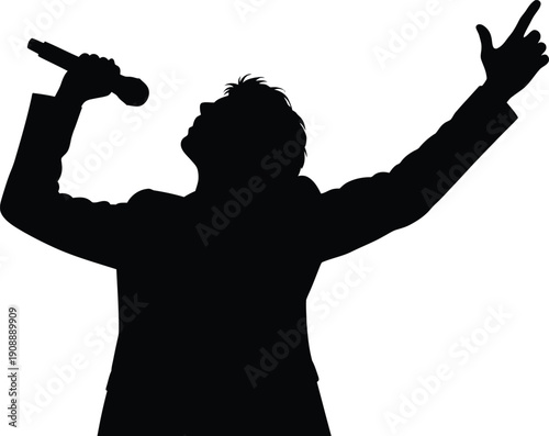 Male singer silhouette holding microphone with arms raised in joy performing on stage during concert vector illustration