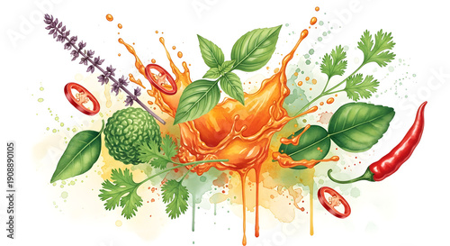Dynamic watercolor explosion of Thai curry ingredients and herbs