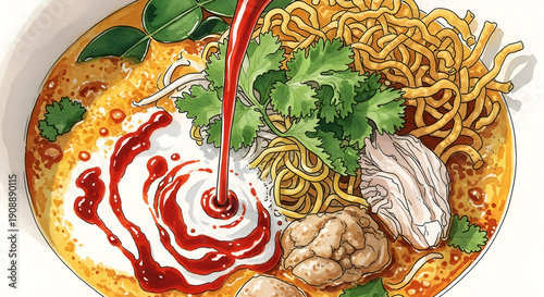 Khao soi noodle soup with coconut milk splash watercolor