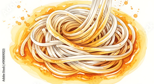 Macro watercolor of rice noodles swirling in yellow curry