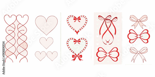 A collection of hand drawn red heart and ribbon illustrations