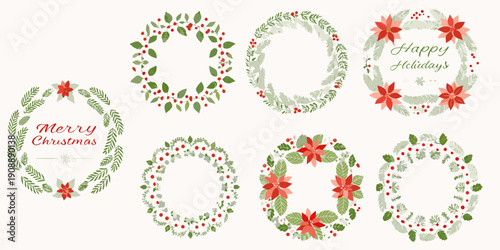 Collection of festive holiday wreaths with botanical elements and greetings