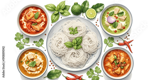 Watercolor flat lay of Thai curries and rice noodles in bowls