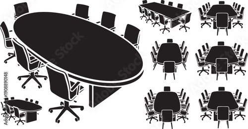 Conference room table and chairs in black and white