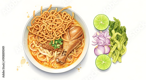 Flat lay khao soi chicken noodle soup watercolor painting