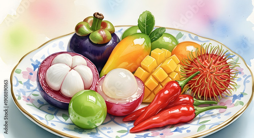 Watercolor painting of Thai Luk Chup fruit shaped mung bean sweets